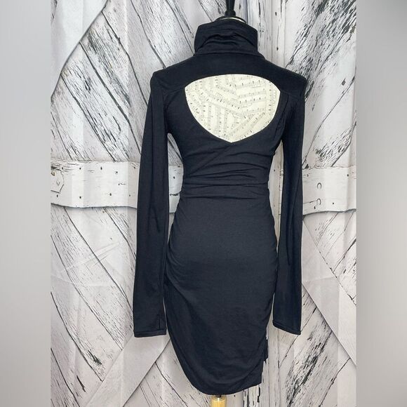 NWT Pam & Gela Twisted Turtleneck Dress Black Ruched Cut Out Back S - Picture 7 of 11